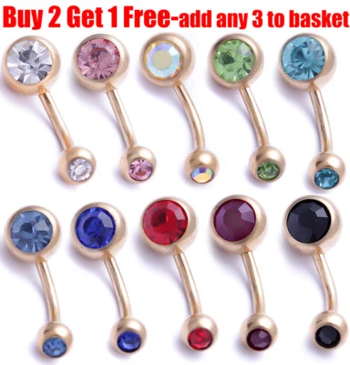 Surgical Steel Gold Belly Bar Navel Bar Belly Navel Button Ring Double Crystal — 第 1/2 张图片