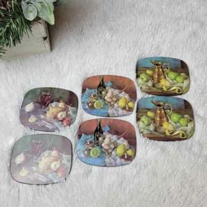 Vintage Set Of 6 Food & Wine Wooden Cork Back Coasters - Picture 1 of 10