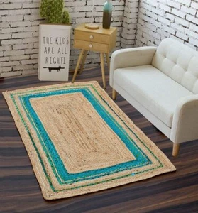 Rug Jute Cotton Runner Natural Handmade Rectangle Carpet Braided Floor Area Rug - Picture 1 of 6