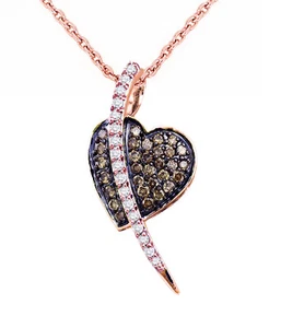 Heart Pendant 10K Rose Gold Chocolate Brown & White Diamond pendant .53ct - Picture 1 of 2