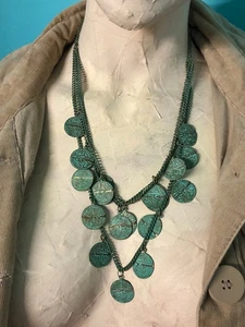Y2K Green Tarnish Antique Look Layered Coins Necklace~ Rustic Chains Charms - Picture 1 of 7