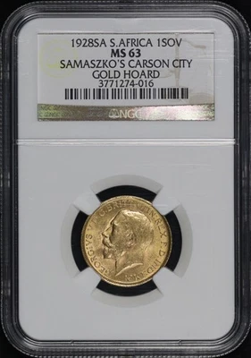 1928SA Sudáfrica Soberano de Oro NGC MS-63 Samaszko's Carson City Tesoro de Oro Foto 1 de 2