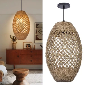 Rattan Seagrass Pendant Hanging Lamp Rattan Woven Rustic Basket Pendant Light... - Picture 1 of 6