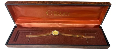 Reloj Elgin Vintage Mujer Esfera Champagne Tono Dorado Ovalado Diamante Bisel Malla Banda Foto 1 de 4