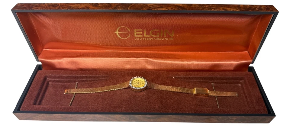 Vintage Elgin Ladies Watch Champagne Dial Gold Tone Oval Diamond Bezel Mesh Band - Image 1 of 4