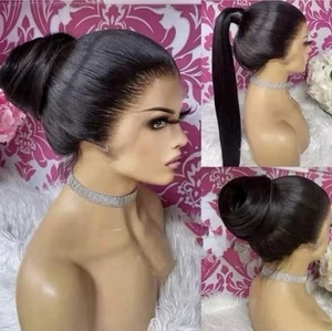 360 Full Lace Wig Invisible Drawstring Frontal Wig 30 Inch straight Human Hair - Picture 1 of 6