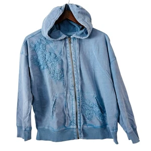 Caite Kyla Seo Size S Cotton Embroidered Hoodie Zip Up Jacket Blue Boho Casual - Picture 1 of 8