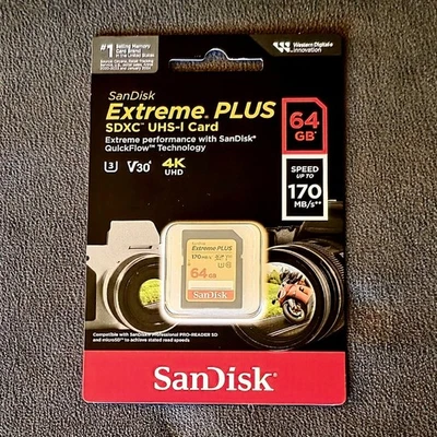 SanDisk Extreme Plus 64GB SD Card Class 10, V30, U3, SDXC-I, Up To 170MB/s - Image 1 of 2