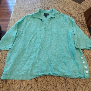 TAHARI Women's 2X Green 100% Linen Tunic Top Lagenlook Nautical Coastal Preppy - Picture 1 of 13