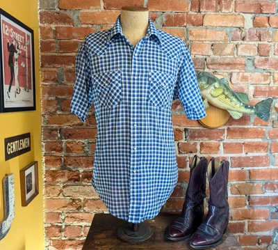 Camisa vaquera a cuadros manga corta vintage azul guinga de los años 70 para hombre - GRANDE Foto 1 de 4