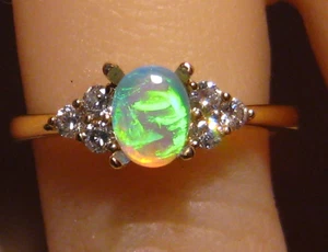 Petite Gem Opal & Diamond ring , solid 14 k Yellow Gold - Picture 1 of 14