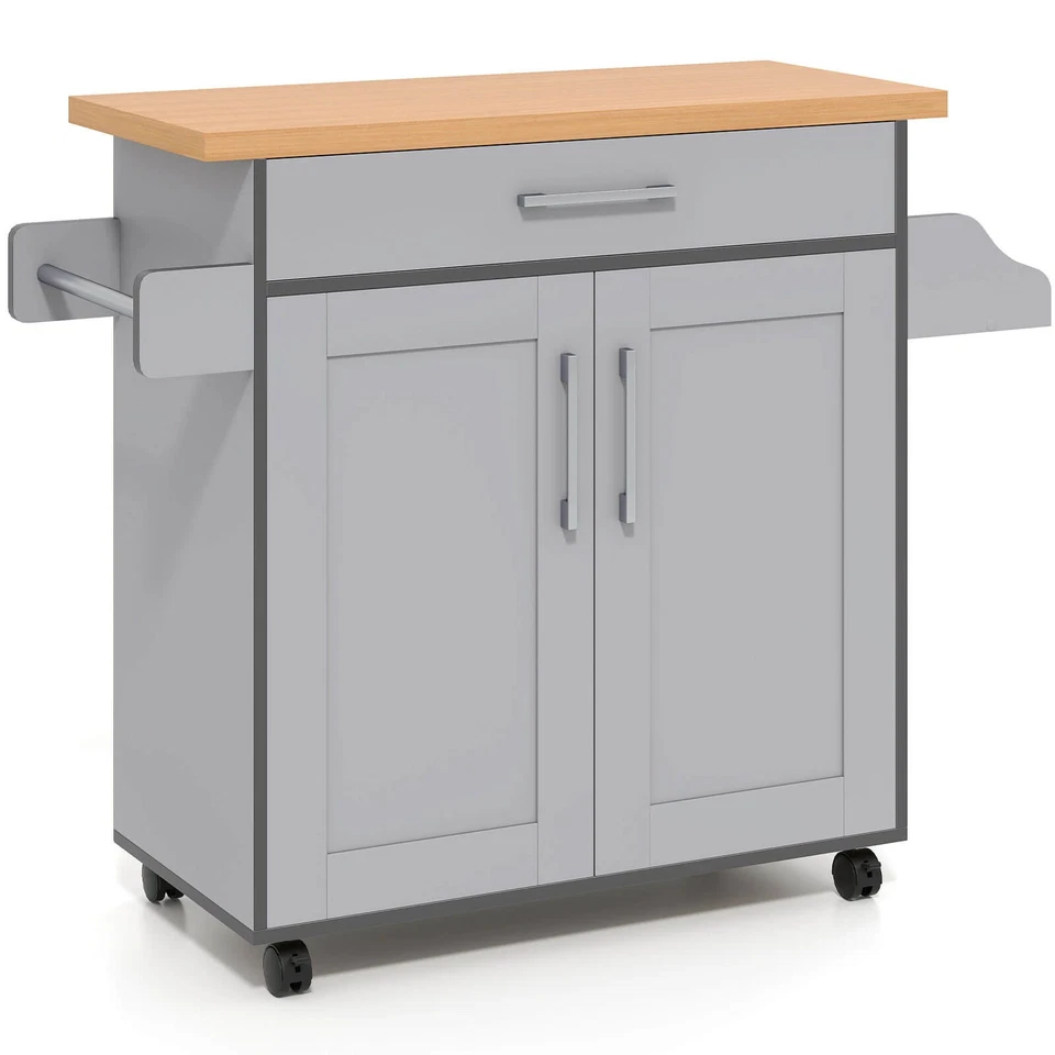 Costway Rolling Kitchen Island Cart Storage Cabinet W/ Towel & Spice Rack Gray