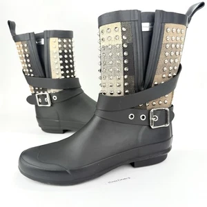 BURBERRY Studded Rubber Rain Boots Nova Check Wellington SZ 8 Black Moto Short - Picture 1 of 24
