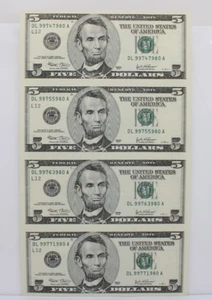 Uncut Sheet of Four (4) $5 Five Dollar Bills - Series 2003 Uncirculated - Picture 1 of 4