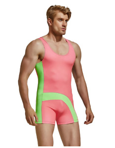 Mens Sexy Large Pink Lime Black Nylon Lycra Singlet Leotard Bodysuit Gay UK