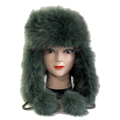 Women Winter Fluffy Pom Pom Faux Fur Hat Earflap Russian Furry Trapper Hat-Green - Image 1 of 4