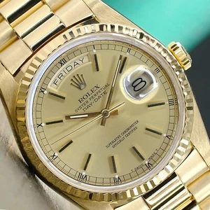 OROLOGIO ROLEX DAY-DATE ORO GIALLO 18K QUADRANTE CHAMPAGNE LUNETTA SCANALATA 36MM 18238 - Foto 1 di 13