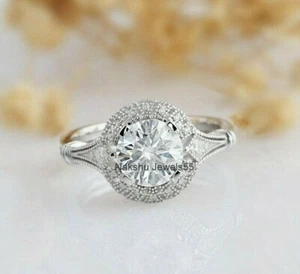 2.00 Ct Round Cut Real Moissanite Art Deco Engagement Ring Solid 14K White Gold - Picture 1 of 10
