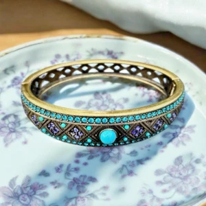 Heidi Daus Bronze Tone Mutlicolor Blue Highlight Hinged Bangle Bracelet S/M - Picture 1 of 6