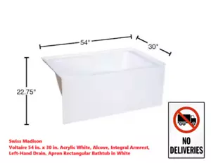 Swiss Madison Voltaire 54 in. x 30 in. Acrylic White Bathtub Tub Alcove Armrest - Picture 1 of 2