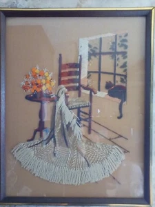 Katzenstuhl Fenster Crewel Stickerei Vintage 15x19 Glasrahmen fertig - Bild 1 von 6