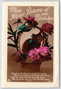 RPPC Birthday Tabby Kitten Cat Bow Flower Basket Poem Embossed Regina Postcard - Picture 1 of 2
