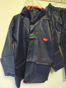 Very heavy thick navy vinyl rainsuits PVC hooded jacket and pants set - Picture 1 of 23