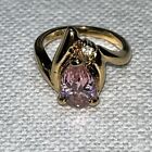Pink Teardrop Center Stone Prongs & Small White Stone Gold Tone Ring Size 5