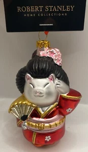Robert Stanley Geisha Cat Red Kimono Blown Glass Christmas Ornament NEW - Picture 1 of 7