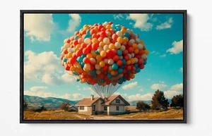 HOUSE WITH BALLOONS IN THE COUNTRY -FLOATER/FLOAT EFFECT FRAMED CANVAS ART PRINT - Picture 1 of 12