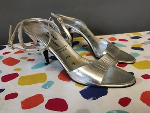 VTG Silver Shoes High Heels Strappy Sandals Size 6 UK 39 Eur Italian Saxone 80s - Picture 1 of 10