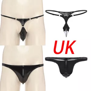 UK Mens Shiny Metallic PVC Leather Bulge Pouch G-Strings Thong Briefs Underpants - Picture 1 of 24