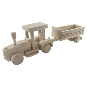 Wooden Farm Tractor With Drop-Side Trailer Beechwood Vehicle Decor Craft Paint - Picture 1 of 7