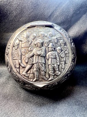 Vintage Dutch Sterling Silver Nights Watch Repousse Pill Box 2in x .75in - Image 1 of 4