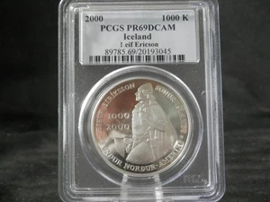 Silver PCGS PR69DCAM 2000 Iceland Leif Ericson 1000 Kronur Commemorative Coin - Picture 1 of 3