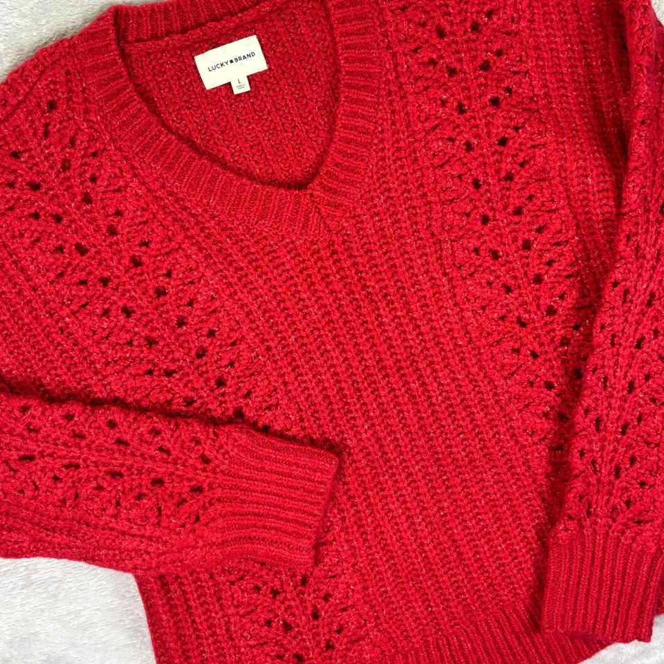Suéter para mujer Lucky Brand talla L rojo tejido cuello en V suéter cálido acogedor prendas de punto Foto 1 de 4