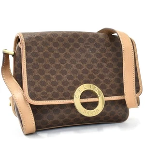 CELINE Macadam Canvas Circle Logo Shoulder Bag Crossbody Bag Brown PVC T00S - Picture 1 of 9