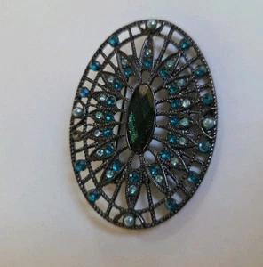 Vtg FAF 70's Oval Peacock Blue Green AB Rhinestone Open Filigree Brooch Art DECO - Picture 1 of 19