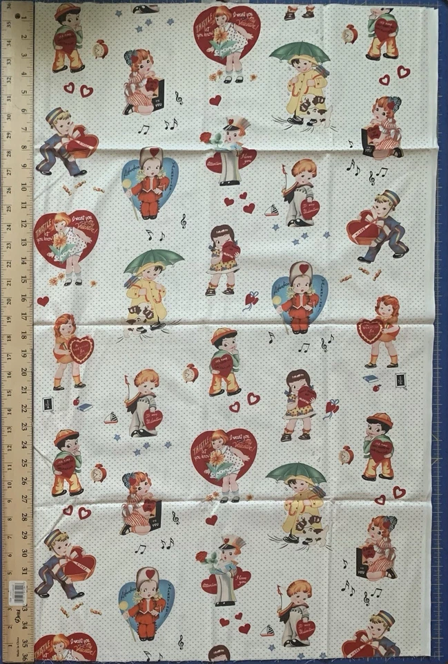 *OOP/VTG* Valentine's Card Fabric Images Cards on Cotton Fabric Faye Burgos 1 yd - Image 1 of 4