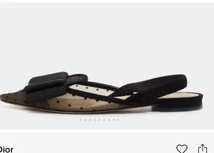 Christian Dior Black/Beige Mesh &Suede Trim Polka Dot Bow Pointed ToeSlingback 7 - Picture 1 of 7