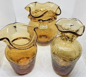 Vintage Glass Hand Blown Topaz Crackle Glass Vases Lot of 3 - Picture 1 of 10