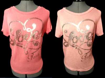 New SILVER Foil LOVE PARIS T-shirt Top SML Pink Salmon blouse Summer beach Tee - Image 1 of 4