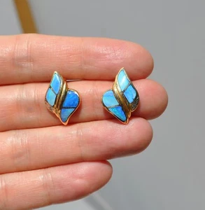 Vtg 14k Solid Gold Natural Opal Doublet ? & Diamond Earrings Studs Inlaid Large - Picture 1 of 9