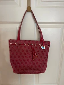 DOONEY & BOURKE Medium Tassle Bucket Bag Red Monogram Jacquard Excellent - Picture 1 of 7