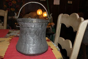 Antique Middle Eastern Asian Copper Hanging Cauldron Pot Engraved Religious Men - Picture 1 of 12