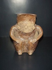 Pre-Columbian Mayan Statue Seated Man Vase Antique Terracotta Figure 