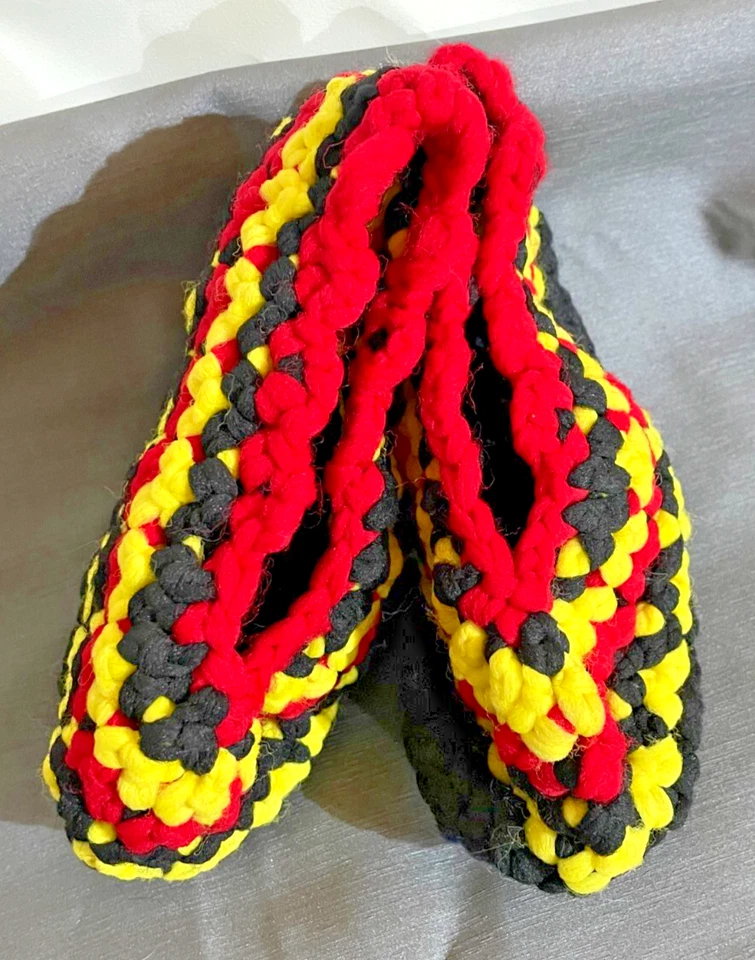 Vtg Nylon Slipper Handmade Knit Orange Yellow Blue-Padded foot - Rare - Retro - Image 1 of 4