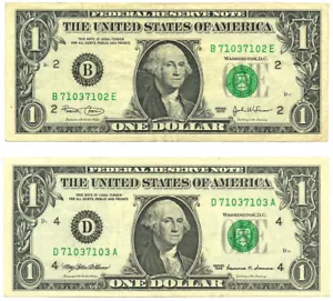 Interessantes Paar 1 $ Federal Reserve Scheine verschiedene Bezirke mit ähnlichen S/N - Bild 1 von 2