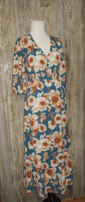 Vestido Floral Luxology Verde Azulado Beige Cuello en V Lindo Boho Cottage Core Western Talla Pequeña Foto 1 de 4
