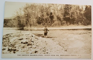 1928 MARGAREE FORCELLE NOVA SCOTIA RPPC VISTA FIUME LOCANDA PESCA GIARDINO PISCINA SALMONE - Foto 1 di 2